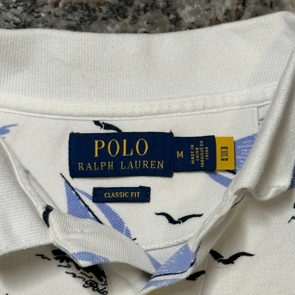 Polo Ralph Lauren Mens Sailboat Print Polo Shirt White Blue Classic Fit Medium - Picture 4 of 7